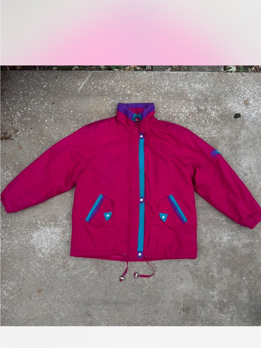 London Fog vintage retro Bright Magenta Puffer Jacket with Teal Trim